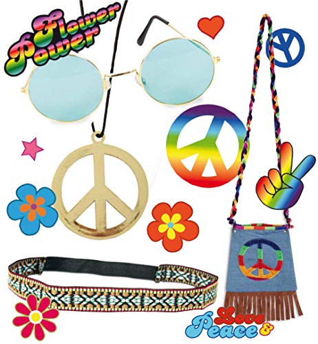 KarnevalsTeufel Zubehör-Set Hippie 5-teilig Stirnband, Brille, Tattoos, Kette und Tasche mit Peace-Zeichen Flowerpower Accessoires von KarnevalsTeufel.de