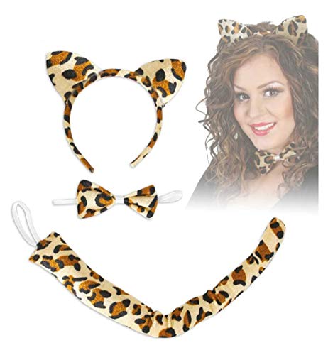 Set Leopard Haarreif Ohren Schwanz Leopardenschwanz Fliege Schleife Leo-Print Leo Kostümzubehör Mottoparty Themenabend Karneval von KarnevalsTeufel.de