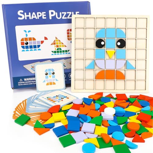 Kreative Mosaik-Puzzle, Montessori Spielzeug Puzzle, Hölzerne Muster Blöcke Set, Tangram Kinder mit 137 geometrischen Formen und 20 Designkarten Geeignet, Montessori Spielzeug ab 3 4 5 6 Jahre von Kasanni