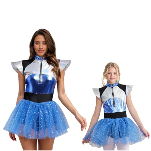 Alien Kostüm Damen Space Girl Kostüm Astronauten Weltall Kostüm Galaxy Metallic Kleid Marsmensch Weltraum Sterne Kostüm mit Tüllrock Außerirdischer Faschingskostüme für Karneval (#01, Erwachsener-3XL) von Kashyke