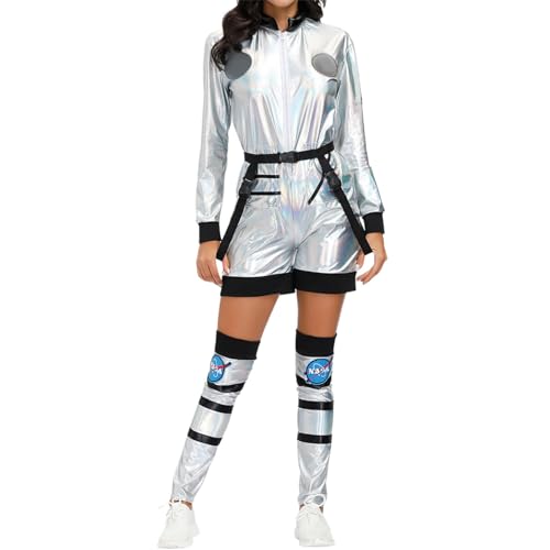 Astronauten Kostüm Damen, Space Kostüm Astronaut Damen Silber Weltraum Kostüm Karneval Kostüm Damen Astronaut Overall Erwachsene Space Anzug Astronaut Kostüm Frauen Faschingskostüm (B, XL) von Kashyke