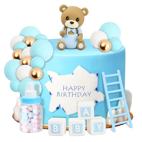 Tortendeko für Mädchen und Baby Babyparty Kuchen Deko, mit Blau Kleiner Bär Puppen und DIY Kuchentopper Kugeln, Ideal für Baby Junge Mädchen Geburtstag Party Deko von Kaslaider