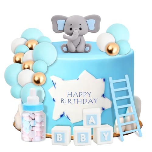 Tortendeko für Mädchen und Baby Babyparty Kuchen Deko, mit Blau Kleiner Elefant Puppen und DIY Kuchentopper Kugeln, Ideal für Baby Junge Mädchen Geburtstag Party Deko von Kaslaider