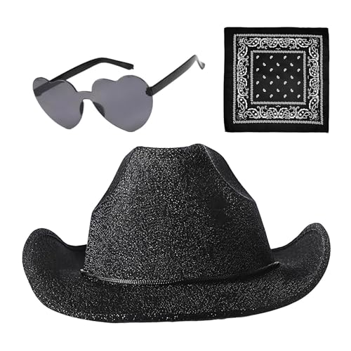 Cowboyhüte für Damen, Cowgirlhüte für Damen, Cowgirlhut Cowboyhut, 3X Sparkly Hats Partyhüte mit breiter Krempe, Westernhut mit Bandana und Brille, Westernkostümzubehör von Kasmole