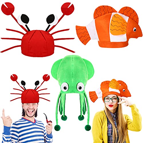 Kasyat 3 Stück Lustige Party Hüte Krabben Fisch Tintenfisch Hüte Ozean Meer Tier Kopfdeckung Halloween Hut Verrücktes Kostüm Hut für Fotoautomaten Cosplay Karneval Party von Kasyat