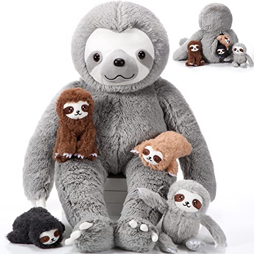 5 Stück Faultier Kuscheltiere Set 1 Mama Faultier Stofftier mit 4 Niedlich Plüschbabys in Ihrem Bauch 32 cm Weich Kuschelig Pflegend Faultier Plüschtier zum Geburtstag Geschenke (Grau) von Kasyat