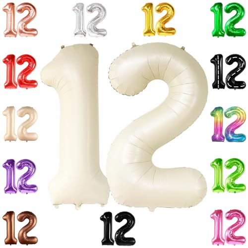 KatchOn, Gaint Creme White 12 Ballon Zahl - 40 Zoll | 12 Geburtstag Ballon Dekor | 12 Geburtstag Dekorationen für Party | Creme Nummer 12 Ballon | 12 Jahre alt Ballon 12 Geburtstag Party Supplies von KatchOn