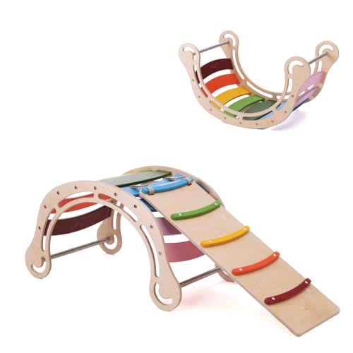 KateHaa Klettergerüst Indoor mit Rutsche, Kletterbogen aus Holz für Kinder ab 7 Jahren (Regenbogen) von KateHaa