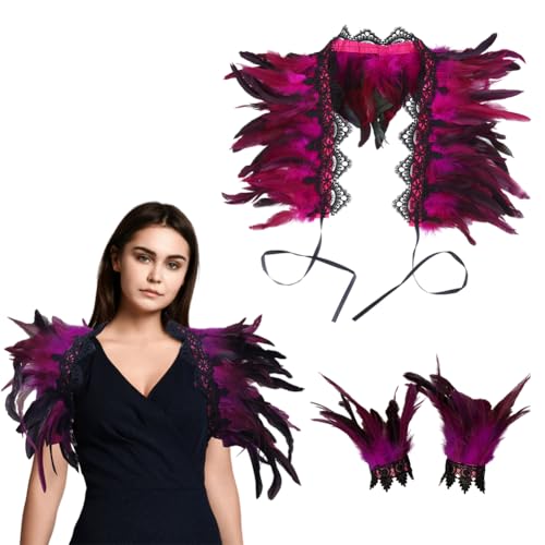 Halloween Feder Shrug Schal Schulterumhang Cape Gothic Kragen Halloween Umhang Cape Federboa Feder Schal Gothic Feder Manschetten Truthahn Feder Armband Feder Schlagarmbänder Cosplay Kostüm von Katutude