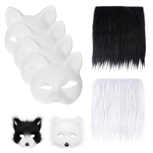 Therian Katzenmaske Maskenset mit 2 Stück Kunstfellstoff und 4 Stück Katzenmaske DIY Halloweenmaske Maskenballmaske Cosplay Kostümzubehör von Katutude