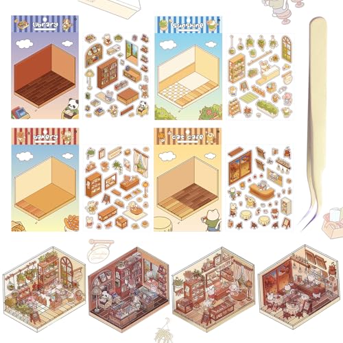 Katyjun 4 Sets 3D Sticker Scene, DIY Sticker Room mit Tweezers für Relief Stress Pass The Time von Katyjun