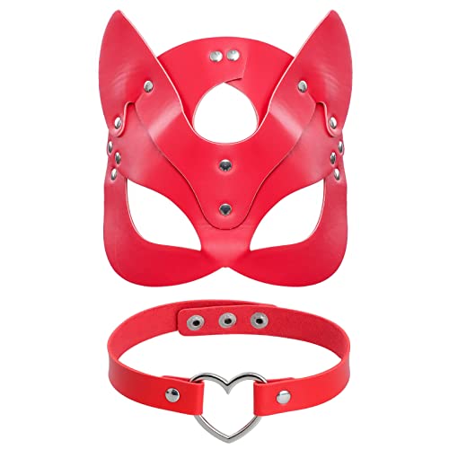 Frauen Leder Katze Maske und Choker Set Niedlich Half Face Eyemask Cosplay Kostüm Requisiten Halloween Party Maskerade Karneval Zubehör (Rot) von Kavoc