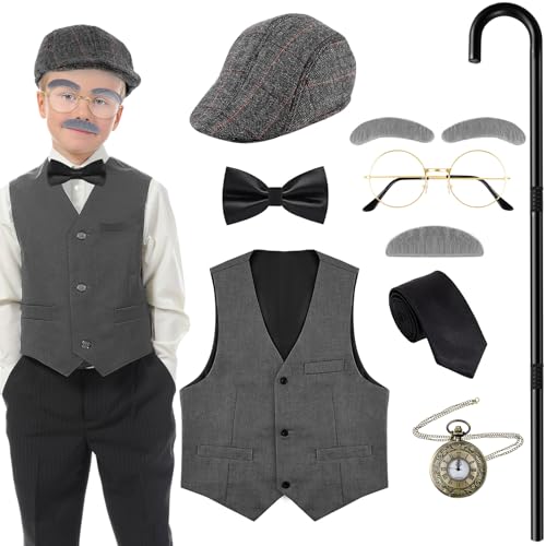 Kavoc 1920er Jahre Gatsby Gangster-Kostüm für Herren, Jungen, Opa-Kostüm, alter Mann, Hut, Weste, Brille, Zubehör-Set für Halloween, Cosplay, Schwarz, 3-4Years von Kavoc