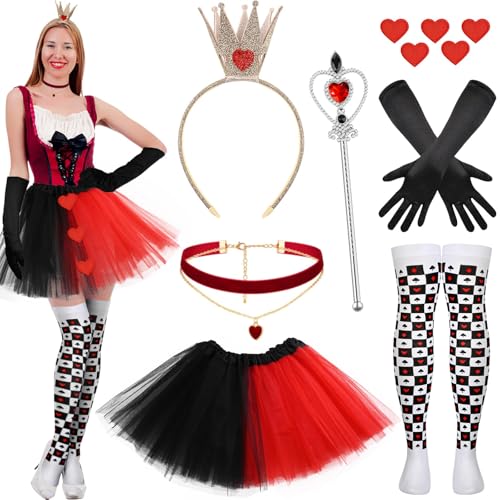 Kavoc 7-teiliges Queen-Kostüm-Set mit Tutu-Rock, Socken, Handschuhen, Filz-Patch, Krone und Choker für Damen, Halloween-Party-Verkleidungen von Kavoc