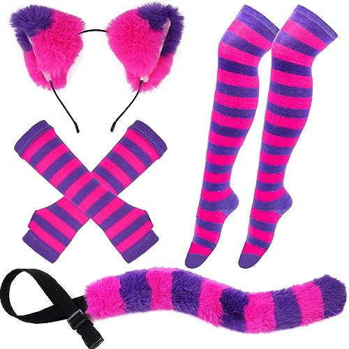 Kavoc Gestreiftes Katzenkostüm für Mädchen und Damen, Katzenohren, pelziger Schwanz, gestreifte Socken für Halloween, Cosplay, Verkleiden (Rosa-Violett) von Kavoc