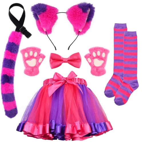 Kavoc Halloween-Katzen-Cosplay-Zubehör-Set inklusive rosa lila Stirnband, Schwanz, Tutu, Rock, Socken für Verkleidungszubehör Kavoc Halloween-Katzen-Cosplay-Zubehör-Set inklusive rosa lila Stirnband, Schwanz, Tutu, Rock, Socken für Verkleidungszubehör von Kavoc