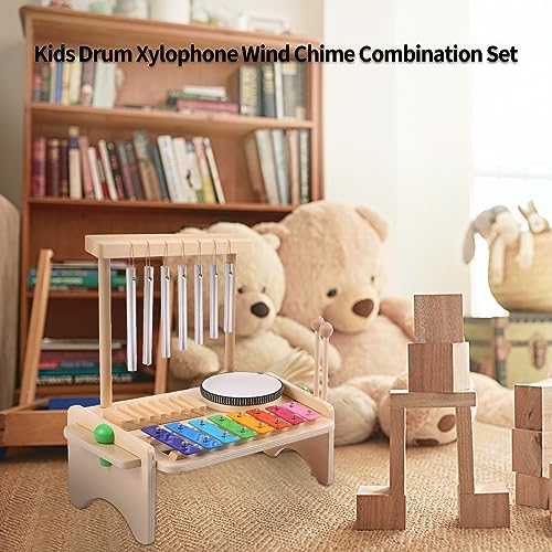 Musikinstrumenten-Set für Kinder, Xylophon-Trommel-Windspiel, 4-in-1-Musikset mit 2 Schlägeln, Musiktischspielzeug aus Holz für Kinder ab 3 Jahren von Kavolet