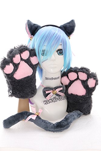 C-20-2 Grau Katzen Pfoten Handschuhe Schwanz Halsband Ohren Haarreif Set 5-teilig Lolita Maid Cosplay von Kawaii-Story