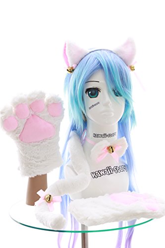 C-20 weiß Katzen Pfoten Handschuhe Schwanz Halsband Ohren Haarreif Set Lolita Maid Cosplay von Kawaii-Story