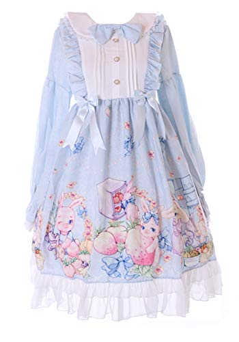 JSK-76-1 Blau Erdbeer Obst Hase Blumen Schleife Langarm Kleid Pastel Goth Lolita Cosplay Kostüm Kawaii von Kawaii-Story