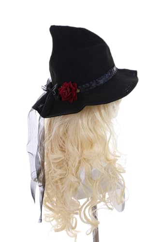 Kawaii-Story C-110-1 Schwarz mit Rose Hut Mütze Gothik Mittelalter Party Feier Halloween Damen Hexe Hexenhut Magier von Kawaii-Story