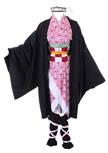 Kawaii-Story MN-194 Schwarz Rosa Japan Kimono 10-Teile Set Damen Kostüm Cosplay von Nezuko Kamado für Demon Slayer Fans(L) von Kawaii-Story