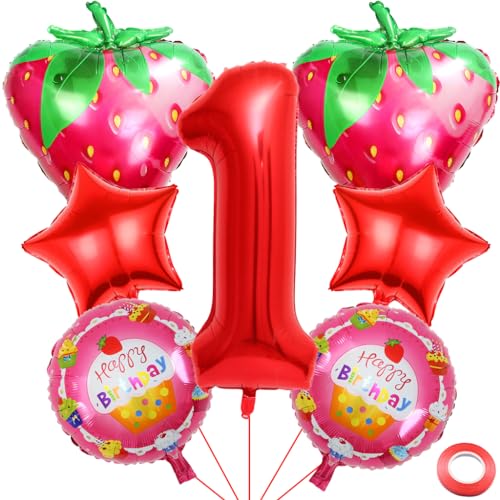 Kawailay 1. Erdbeer Geburtstag Deko Erdbeere 1. Geburtstag Deko Ballons Obst Erdbeere Folienballon Rot Zahl 1 Luftballon für Mädchen Geburtstag Party Motto Party von Kawailay