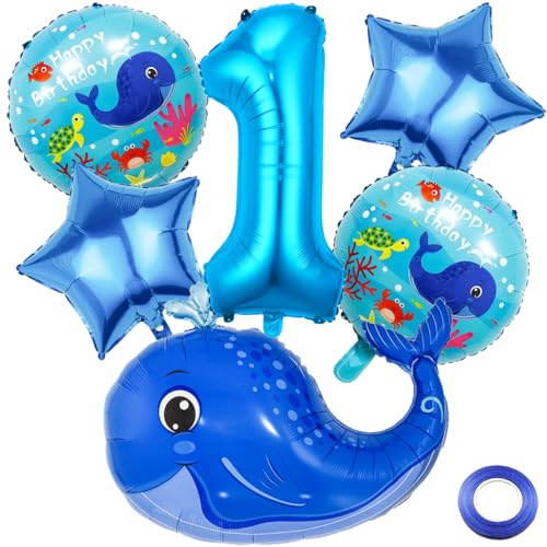 Kawailay 1. Wal Geburtstag Deko Meerestier 1. Geburtstag Deko Ballons Wal Folienballon Blau Zahl 1 Luftballon für Junge Mädchen Geburtstag Party Motto Party von Kawailay