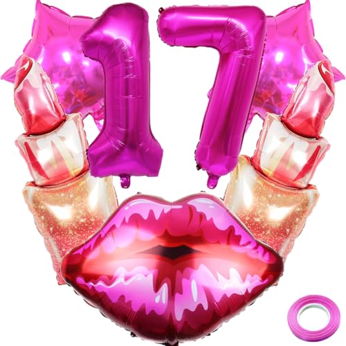 Kawailay 17. Lippenstift Geburtstag Deko Kuss Lippen Luftballon Sweet 17. Geburtstag Deko Ballons Rosa Zahl 17 Luftballon für Mädchen Frau Geburtstag Party Motto Party von Kawailay