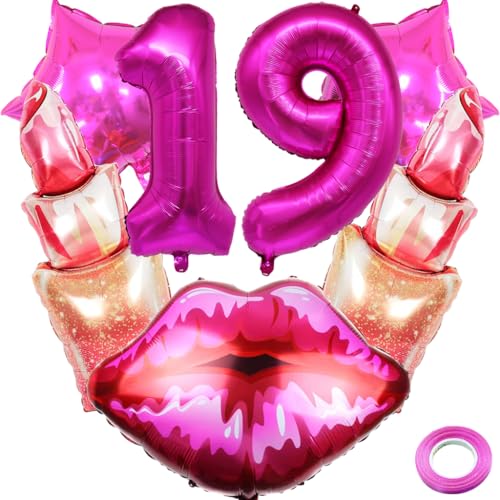 Kawailay 19. Lippenstift Geburtstag Deko Kuss Lippen Luftballon Sweet 19. Geburtstag Deko Ballons Rosa Zahl 19 Luftballon für Mädchen Frau Geburtstag Party Motto Party von Kawailay