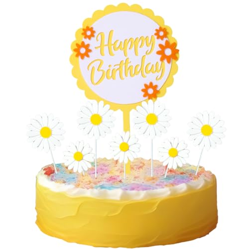 Kawailay 21 Stück Gänseblümchen Cupcake Toppers Gänseblümchen Tortendeko Kuchen Deckel Happy Birthday Gänseblümchen Cake Topper Tortenaufsatz für Mädchen Geburtstag -Weiß von Kawailay