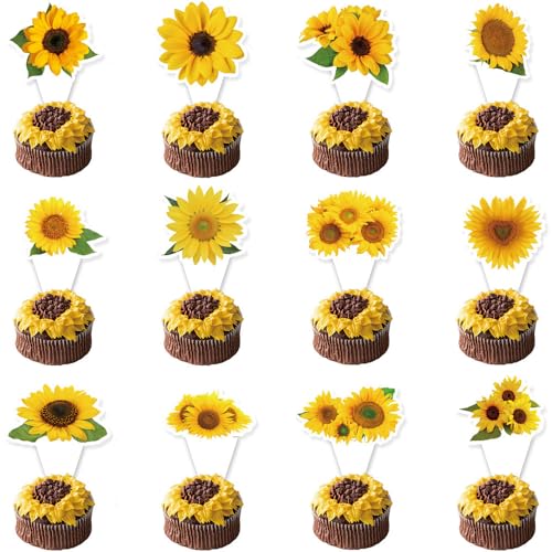 Kawailay 24 Stück Sonnenblume Cupcake Toppers Sonnenblume Tortendeko Kuchen Deckel Sonnenblumen Kuchendeko Tortenaufsatz für Baby Shower Mädchen Geburtstag von Kawailay