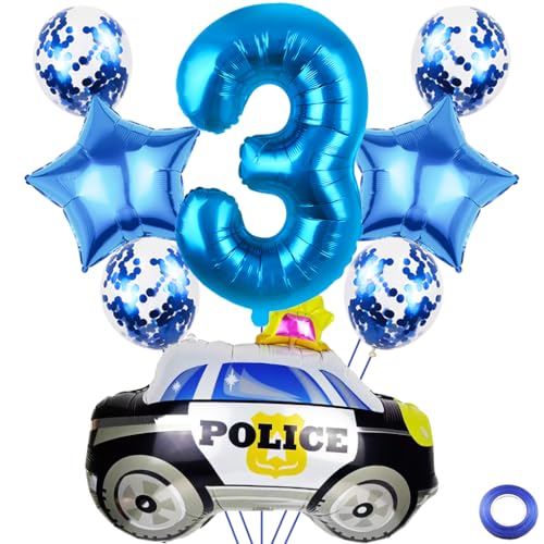 Kawailay 3 Jahr Polizei Geburtstag Luftballons 3. Polizei Geburtstag Deko Polizist 3. Geburtstag Deko Ballons Polizeiauto Folienballon Blau Zahl 3 Luftballon für Junge Geburtstag Party von Kawailay