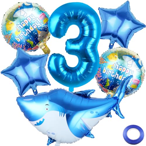 Kawailay 3. Hai Geburtstag Deko Meerestier 3. Geburtstag Deko Ballons Riesen Hai Folienballon Blau Zahl 3 Luftballon für Junge Mädchen Geburtstag Party Motto Party von Kawailay