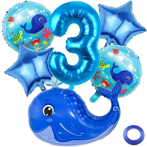 Kawailay 3. Wal Geburtstag Deko Meerestier 3. Geburtstag Deko Ballons Wal Folienballon Blau Zahl 1 Luftballon für Junge Mädchen Geburtstag Party Motto Party von Kawailay