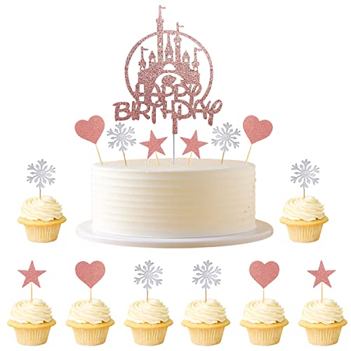 Kawailay 31 Stück Glitter Frozen Tortendeko Schloss Happy Birthday Kuchendeckel Snow Queen Cake Toppers mit Schneeflocken Herz Stern für Kinder Mädchen Geburtstag Weihnachten Party Roségold von Kawailay