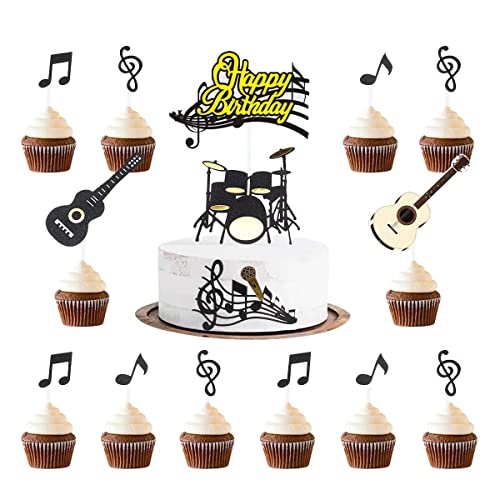 Kawailay 32 Stück Musiknoten Cupcake Toppers Musik Happy Birthday Tortendeko Gitarren Musikinstrument Kuchen Topper Cake Picks für Musiker Rock Party Geburtstags Party Zubehör von Kawailay