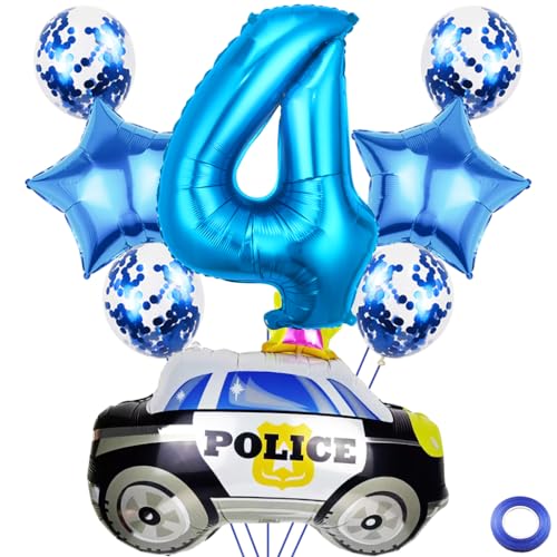 Kawailay 4 Jahr Polizei Geburtstag Luftballons 4. Polizei Geburtstag Deko Polizist 4. Geburtstag Deko Ballons Polizeiauto Folienballon Blau Zahl 4 Luftballon für Junge Geburtstag Party von Kawailay