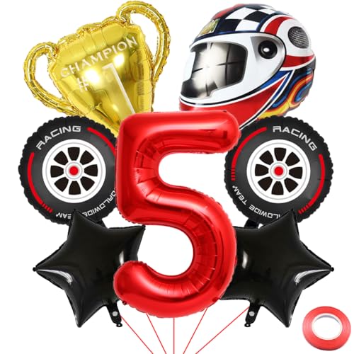 Kawailay 5 Jahr Rennauto Geburtstag Luftballons 5. Rennwagen Geburtstag Deko Racing 5. Geburtstag Deko Ballons Trophäen Helm Reifen Folienballon Rot Zahl 5 Luftballon für Junge Geburtstag Party von Kawailay