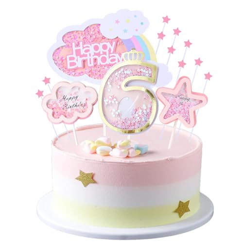 Kawailay 6 Geburtstag Tortendeko Mädchen 6th Geburtstag Kuchendeko Happy Birthday Regenbogen Cake Topper Wolken Sterne Kuchen Deckel für Mädchen Geburtstag - Rosa von Kawailay