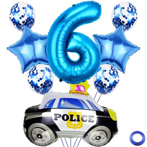 Kawailay 6 Jahr Polizei Geburtstag Luftballons 6. Polizei Geburtstag Deko Polizist 6. Geburtstag Deko Ballons Polizeiauto Folienballon Blau Zahl 6 Luftballon für Junge Geburtstag Party von Kawailay