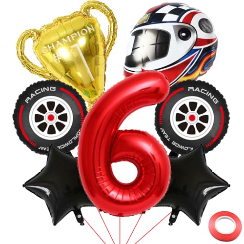 Kawailay 6 Jahr Rennauto Geburtstag Luftballons 6. Rennwagen Geburtstag Deko Racing 6. Geburtstag Deko Ballons Trophäen Helm Reifen Folienballon Rot Zahl 6 Luftballon für Junge Geburtstag Party von Kawailay