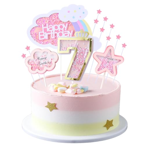 Kawailay 7 Geburtstag Tortendeko Mädchen 7th Geburtstag Kuchendeko Happy Birthday Regenbogen Cake Topper Wolken Sterne Kuchen Deckel für Mädchen Geburtstag - Rosa von Kawailay