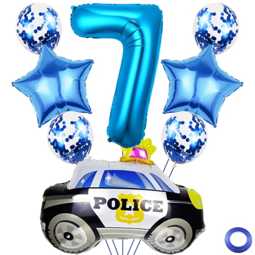 Kawailay 7 Jahr Polizei Geburtstag Luftballons 7. Polizei Geburtstag Deko Polizist 7. Geburtstag Deko Ballons Polizeiauto Folienballon Blau Zahl 7 Luftballon für Junge Geburtstag Party von Kawailay