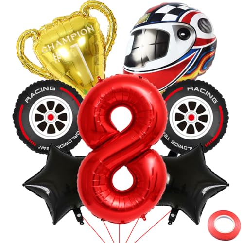 Kawailay 8 Jahr Rennauto Geburtstag Luftballons 8. Rennwagen Geburtstag Deko Racing 8. Geburtstag Deko Ballons Trophäen Helm Reifen Folienballon Rot Zahl 8 Luftballon für Junge Geburtstag Party von Kawailay