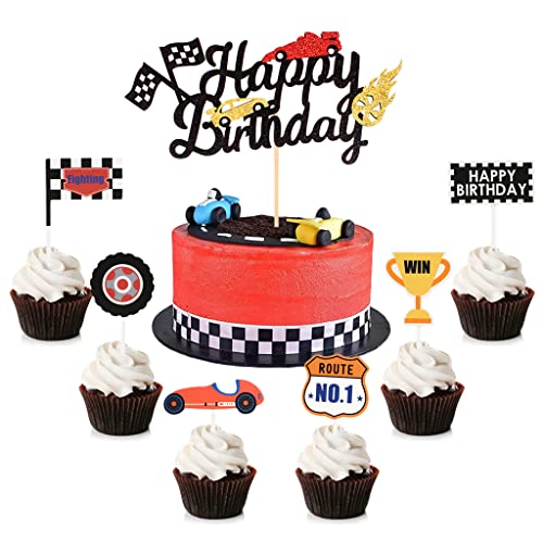 Kawailay Racing Cake Toppers Auto Happy Birthday Kuchendeckel Rennauto Thema Tortendeko Checkered Flagge Kuchen Picks Tortenaufleger für Kinder Junge Geburtstag Party Deko von Kawailay