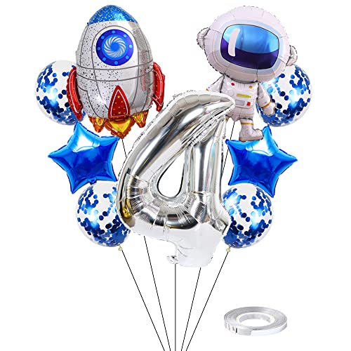 Kawailay Weltraum Luftballon Set Astronauten Geburtstag Deko 4 jahre Astronauten Raketen Folienballon Silber Zahl 4 Luftballons Aluminium Ballon für Kinder Jungen Mädchen Geburtstag Party von Kawailay