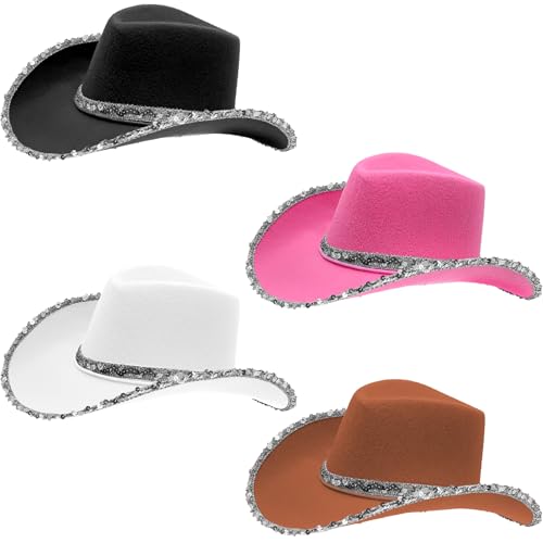 Cowboyhüte für Erwachsene, Cowboyhut, Western-Cowgirl-Hüte für Junggesellinnenabschiede, Kostümparty, Glitzer-Pailletten-Stil (4 Farben), 4 Stück von Kaxtde