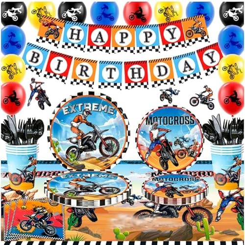 Dirt Bike Geburtstags Dekoration, 98pcs Motorrad Party Dekoration, Dirt Bike Party Dekoration Banner Luftballons Teller Becher Serviette Tischdecke etc Motocross Geburtstag Supplies von Kaxulvoblig