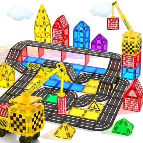 Magnetische Bausteine Kran Straße Kugelbahn Spielzeug ab 3 4 Jahre Magnet Kinder Magnetspiel Magnetic Tiles Magnetbausteine Auto Weihnachten Geburtstag Geschenk ab 2 3 4 5 6 7 8+ Jahre Jungen Mädchen von Kaysaitoy